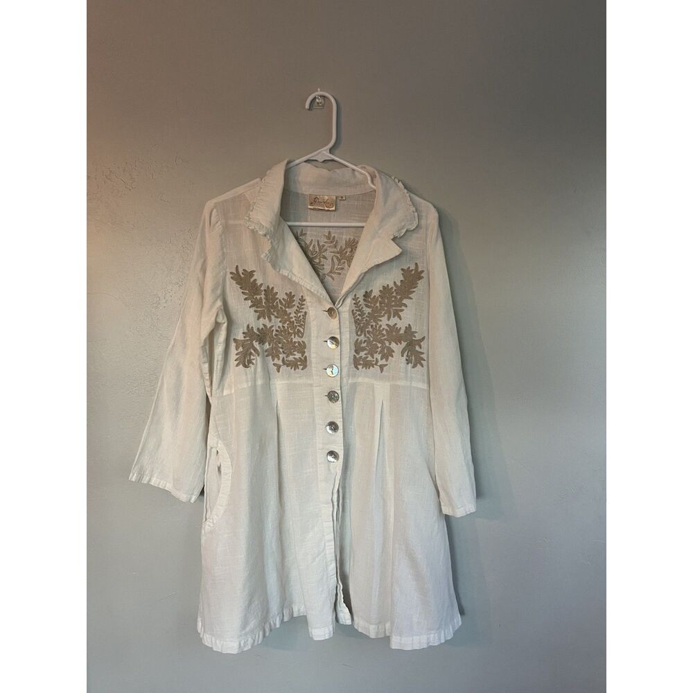 Paper Lace Off White Boho Embroidered Linen Tunic Dress Size Small